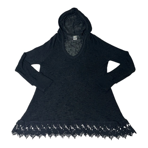 Y2K Bobeau Crochet Embroidered Cutout Lace Hem Knit Hooded Top Black M Goth Cozy - Picture 2 of 14